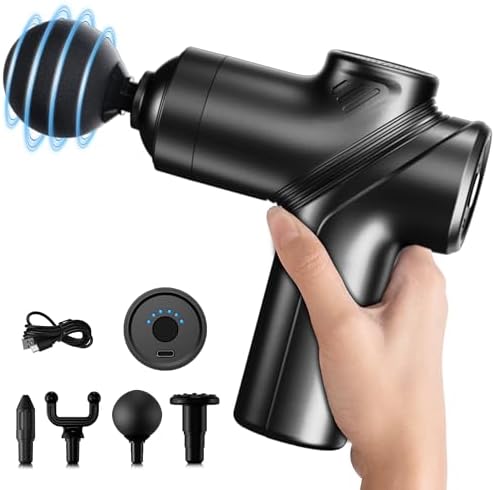 Deep Tissue Massage Gun Portable, Mini Electric Muscle Massager, Suitable for Relieving Back, Neck and Body Pain, with 4 Heads and 6 Speeds, Black