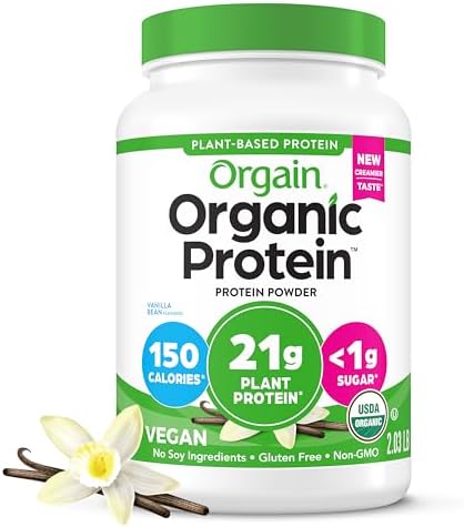 Orgain Organic Vegan Protein Powder, Vanilla Bean - 21g Plant Protein, 6g Prebiotic Fiber, No Lactose Ingredients, No Added Sugar, Non-GMO, For Shakes & Smoothies, 2.03 lb (Packaging May Vary)