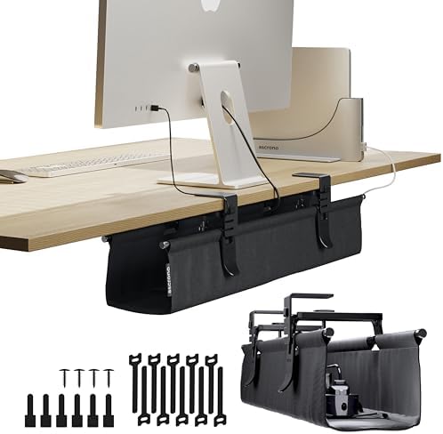 CableCare No Drill Under Desk Cable Management Tray 27.3" -for Desk Wire Management - Premium Black Fabric to Hide Cords - Clamp/Screw Mount - Supports Upto 66lbs - Cable Management Under Desk