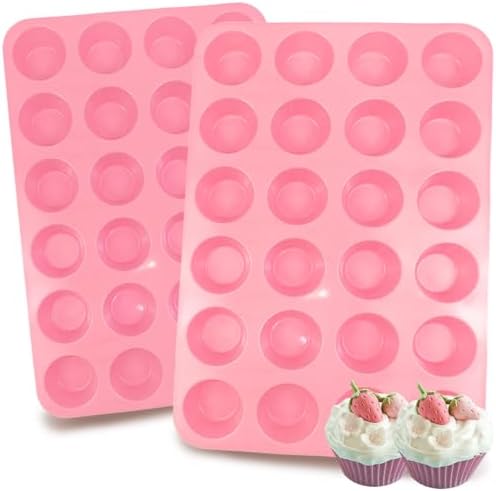 2 Pack Silicone Mini Muffin Pan, Non-Stick 24 Cups Cupcake Pan, BPA Free and Dishwasher Safe, Perfect for Making Muffin Cakes, Tart, Bread (Pink)