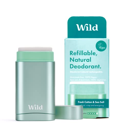Wild - Refillable Deodorant - Vegan - Aluminum Free - Long Lasting Protection - Starter Kit - Aqua Case, Fresh Cotton & Sea Salt Refill - 1.4oz