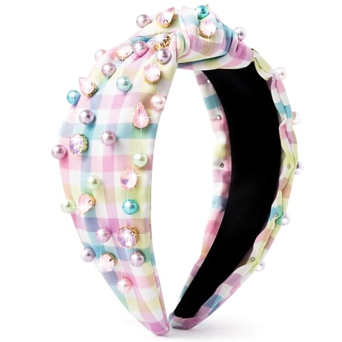 PANTIDE Easter Jeweled Knotted Headband - Colorful Pearl Rhinestone Beads Embellished Headband Non Slip Wide Top Knot Costume Hairband Hair Accessories Spring Birthday Gift for Women Girls (Plaid)