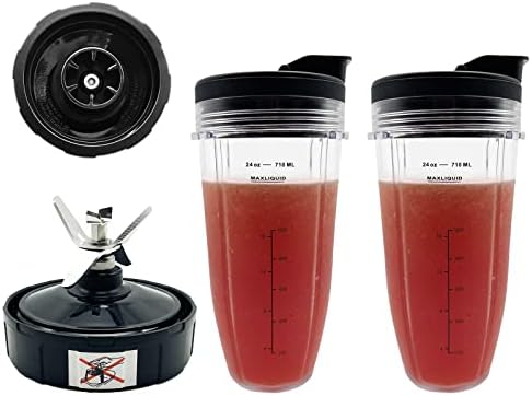 Blender 24 oz Cups with Lids & 6 Fins Female Blade Replacement Parts for Ninja, Extractor Blade for Nutri Ninja Auto iQ BL480D 30 DOB, BL450 69, BL456 70, BL480 70, BL455 30 DOB, BL482 30 DOB