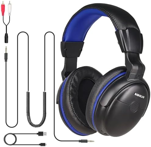 SIMOLIO Headphones with Extra Long Cord for TV with Volume Amplified & Clear Dialogue, 18ft/5.5M Long Coil Cord, Over Ear Wired TV Headphones for Seniors w/Volume Control & Clip, 40 Hrs Playtime