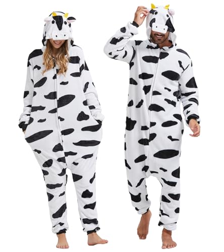 QUCH Adult Onesie Costume-Unisex Animal Onesies for Adults Halloween Costume, Halloween Onesie Adult Onesie Pajamas for Women Cow L