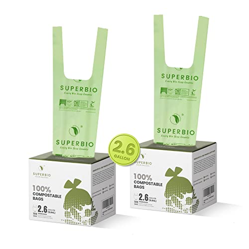 SUPERBIO 2.6 Gallon Compostable Handle Tie Bags, 100 Count, 2 Pack, Co
