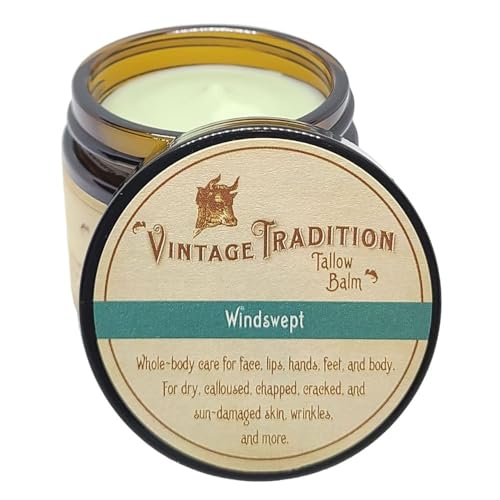 Vintage Tradition Beef Tallow All Purpose Balm – Healing, Hydrating Weather-Protecting Skin Care Salve Replaces Body Lotion, Hand Cream, More – Essential Oil, Olive Oil, and Grass-Fed Tallow, 2 fl oz.