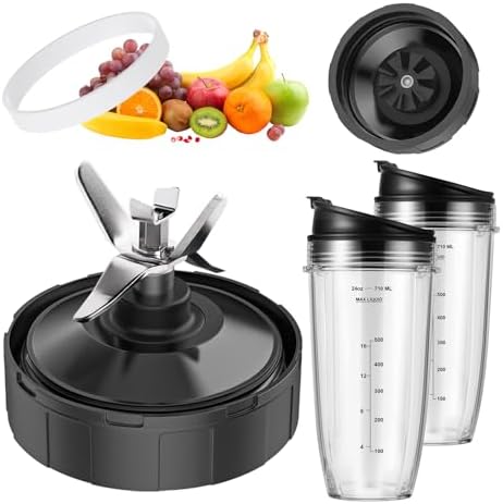 7 Fins Ninja Blender Blade with 24oz cups, Ninja Blender Parts Compatible with BL487T 30, BL2012, NN101, CT680SS, for Ninja Nutri Blender 7-Fins Extractor Blade Assembly (two cups with lids)