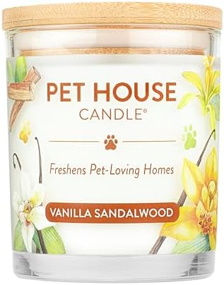 One Fur All Pet House Candle Plant-Based/Soy Candle - Clean Burning Scented Candles, Long Lasting Pet Odor Candle for Home - Vanilla Sandalwood