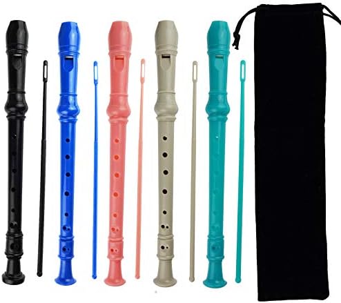 5 Pack German Style 8 Hole-3 Piece Descant Soprano Recorders with Cleaning Rod, Black Storage Bag, ABS Material (5 Colors)