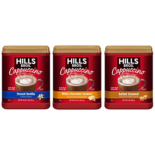 Hills Bros. Instant Cappuccino Mix, French Vanilla, Salted Caramel, & White Chocolate Caramel Variety Pack (Pack of 3) – Convenient Instant Hot or Iced Coffee, Frothy & Rich Flavor - Just Add Water