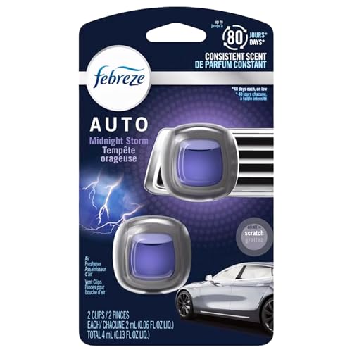 Febreze Car Air Freshener Vent Clips, Midnight Storm Scent, 2-Clips: Automotive Odor Eliminator for Car Vent, Long-Lasting Car Freshener Clips