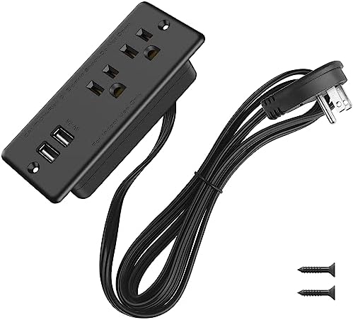 Recessed Power Strip Flat Plug, Desk Outlet with USB, ETL Listed Conference Outlet Socket with 2 AC Plugs, 2 USB Ports Connect with 6ft Power Cord for Furniture, Home, Office(Black)