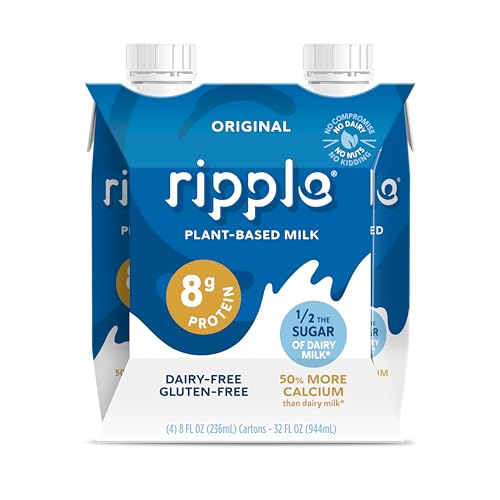 Ripple Non-Dairy Milk, Original | Vegan Milk With 8g Pea Protein| Shelf Stable Single Serve Cartons | On-The-Go | Non-GMO, Plant Based, Gluten Free | 8 oz, Pack of 4