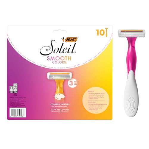 BIC Soleil Smooth Colors Women's Disposable Razors With Aloe Vera and Vitamin E Lubricating Strip for Enhanced Glide, With 3 Blades, 10 Count