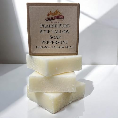 Pure Beef Tallow Soap Bar, (3 Pack) Grass Fed and Finished - Face, Body and Hair - Cleans, Moisturizes, Soothes, and Hydrates. Natural and Organic Peppermint