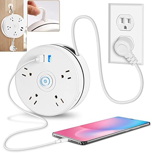 Retractable Power Strip, 6ft Extension Cord Retractable Power Strip Surge Protector with 4 Outlets 2 Smart USB Ports and Hook, Portable Travel Power Strip for Home, Office, Hotel (White)