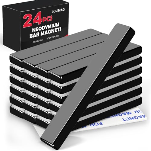 LOVIMAG Waterproof Strong Neodymium Bar Magnets, Black Refrigerator Magnets with Double- Sided Adhesive， Heavy Duty Magnets for Shower Door,Fridge,Office,Scientific etc, 60 x 10 x 5 mm, Pack of 24