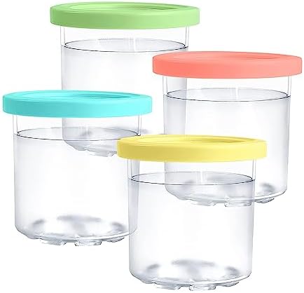 4 Pack Replacement Ice Cream Pint with Lid，Compatible with Ninja Creami Ice Cream Maker: NC301, NC300, NC299AMZ Series (Pink/Yellow/Blue/Green)
