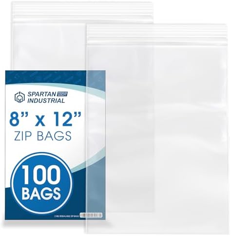 Spartan Industrial - 8” X 12” (100 Count) 2 Mil Clear Reclosable Zip Plastic Poly Bags with Resealable Lock Seal Zipper