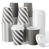 JOLLY CHEF 100 Pack 12 oz Paper Coffee Cups, Disposable Printed Drinking Cups with Lids for Home, Business, Restaurant and Cafe(Stripes and Grey)