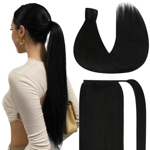 Ve Sunny Human Hair Ponytail Extension Black Real Hair Ponytail Extension Jet Black Ponytail Real Hair Black Ponytail Extension Real Human Hair Short Ponytail Extension for Women 80g 14inch