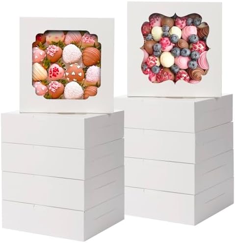 TOMNK 60pcs Cookie Boxes, 8x8x2.5 Inches Bakery Boxes with 2 Style Windows, Valentine's Day Boxes, White Bakery, Pastry, Dessert, Cake Boxes for Chocolate Strawberries Pie
