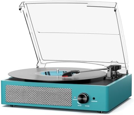 Record Player for Vinyl with 2 Build-in Speakers LP Vinyl Players Belt-Driven Vintage Turntables 3 Speed 3 Size, Wireless Bluetooth Playback, AUX-in, RCA Out, Headphone, Auto Stop Sea Blue