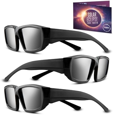 Solar Eclipse Glasses 2024 Approved (3 PACK) Plastic Solar Eclipse Viewing Glasses -AAS, CE & ISO Certified Solar Eclipse Glasses, Solar Eclipse Sunglasses for Kids & Adults - Black, 3-Pack