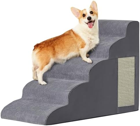 Pet Stairs, Dog Stairs for Small Dogs, Dog Steps, 5-Step Curved Dog Ramp for Bed, Couch, Sofa, Car and Chairs, Non-Slip Bottom Design, Cat Scratching Board, High Density Foam Portable Pet Step, Grey