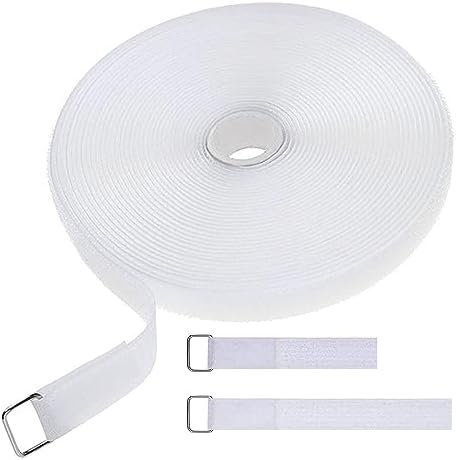 39ft White Hook and Loop Cable Straps 1 inch Wide Cinch Long Adjustable Management Cords Organized Cable Ties With 50Pcs Metal Buckles (White)
