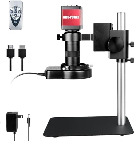 NICE-POWER Digital Microscope, 13MP 1080P HDMI VGA Industrial Microscope Magnifier, 130X Zoom C-Mount HD Lens, LED Ring Light, Soldering Electronic Repair Benchtop Microscope with Metal Base