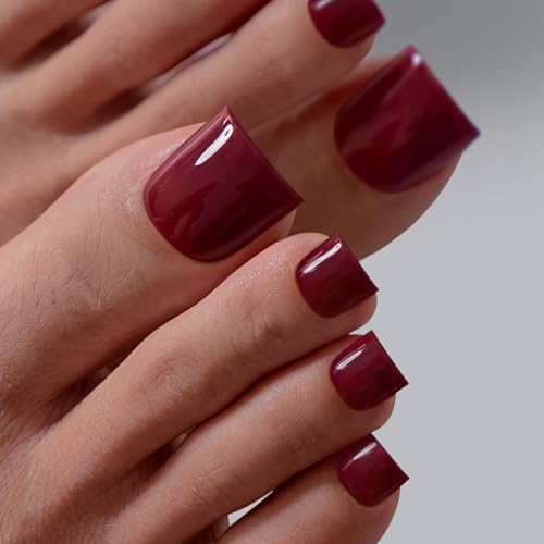 BTArtbox Press On Toenails - Real Square Opaque Red Toe Nail Press Ons with Glue for Women, Fake Toe Nail Tips in 15 Sizes - 30 Toenails Kit, So Hot