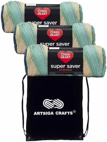 Red Heart Super Saver Sutherland Stripes E300-4381 (3-Skeins - Same Dye Lot) Worsted Medium #4 Acrylic Yarn for Crocheting and Knitting with Project Bag