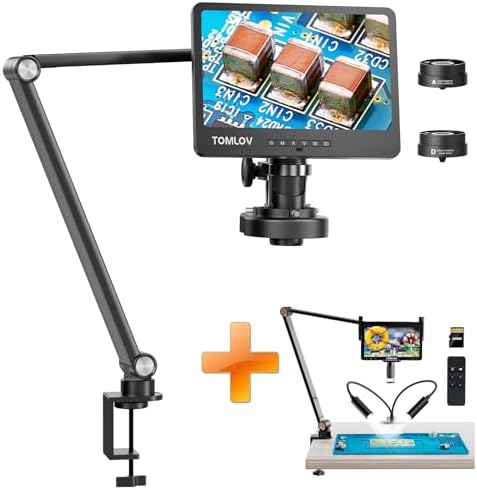 TOMLOV DM602 Flex 2024 Digital Microscope, 10.1" HDMI Soldering Microscope for Electronic Repair, 2K Coin Microscope with Ring Light,Adults LCD Video Microscope, Flexible Arm for PCB Watch+DM501S