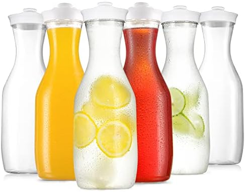 6 Pack Large 50 Oz Water Carafe with White Flip Top Lid, Clear Plastic Juice Jar Containers, Mimosa Bar Beverage Pitcher BPA Free - for Water, Iced Tea, Juice, Lemonade, Milk, Soda —HAND WASH ONLY