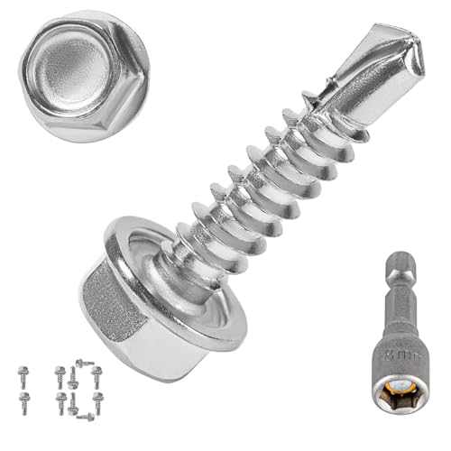 QSJ 110PCS #10 x 3/4'' Sheet Metal Screws 410 Stainless Steel Hex Washer Head Fast Self Tapping Screws with Screwdriver Bit Silver