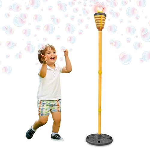Tiki Torch Bubbler - Bubble Machine with Lights and Music, Bubble Blower and Wand, Rechargable Outdoor Toy for Kids Teens Adults, Includes 4oz Bubble Solution