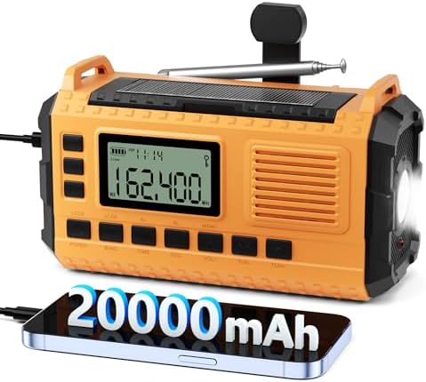 Emergency Weather Radio - AM/FM/NOAA Hand Crank Radio with 15W Fast Charge, 20000mAh Solar Power Bank, Multi-Function Flashlight & SOS Alarm (Orange)