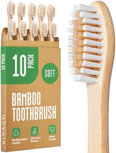 Biodegradable Bamboo Toothbrushes 10 Pack - BPA Free Soft Bristles Toothbrushes, Eco-Friendly, Compostable Natural Wooden Toothbrush