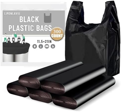 LimonLaviu Plastic Bags Black, (11.5”x 6.5" x 21”)(300Pack) Plastic Bags with Handles Plastic Shopping Bags for Small Business Plastic Grocery Bags T Shirt Bags Restaurants Bags in Bulk