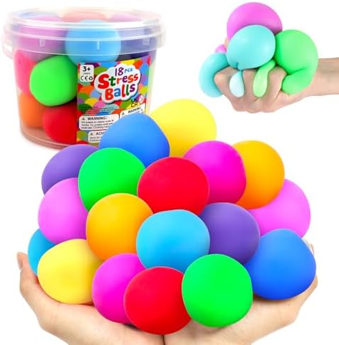 Squishy Stress Balls for Kids Adults: 18 Pack Stretchy Fidget Ball for Anxiety Stress Relief, Hand Therapy Sensory Squishy Ball, Party Favors Classroom Prizes, Easter Gifts for Kids