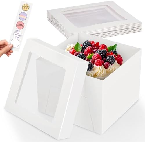 RICCLE 5pcs Cake Boxes, 10x10x8 Inches Tall Cake Box with Window, Large White Bakery Boxes, Baking Boxes, Square Cardboard Cake Box for Multi-Layer Cakes, Cake Decorating Supplies