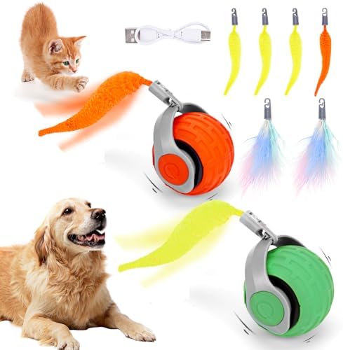 2PCS Cat Toy 3.0 Turbo Tail 2025 New Upgraded 300 mAh Pet Smart Chase Ball Interactive Cats Toy for Indoor Cats Smart Cat Ball Toy with 6 Replacement Tail (Orange&Green)