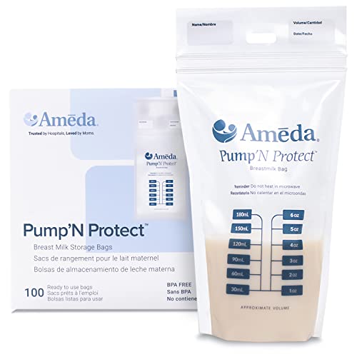 Ameda Pump'N Protect Breastmilk Storage Bag 6oz | 100 Count | Breast Milk Storage Bags for Refrigerator or Freezer | BPA Free | Breastfeeding Essentials | Breastfeeding Supplies