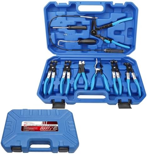 BETOOLL 9pc Hose Clamp Pliers, with Flexible Wire Long Reach Hose Clamp Clic R Type Swivel Jaw and Flat Band Pliers，Hose Clamp Tool for Coolant Radiator Heater/Water Hose (Blue)