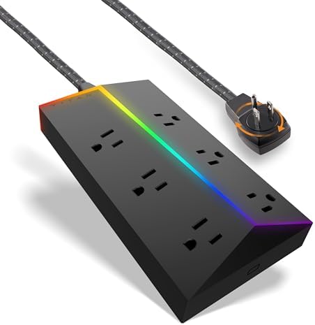 Titan 6-Outlet Surge Protector, 4 ft Braided Extension Cord, LED Light Strip with Full Spectrum Color-Select, Compatible with Gaming PC, Laptop, Computer Setup, PS4, PS5, Xbox, Black, 60045
