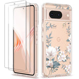 GVIEWIN Compatible with Google Pixel 8 Case with 2X Screen Protector, Clear Floral Slim Shockproof Protective Hard PC+TPU Bumper Flower Women Phone Case Cover 6.2'' 2023 (Magnolia/White)