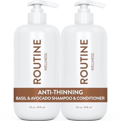 Routine Wellness Anti-Thinning Shampoo and Conditioner Set for Thinning Hair - Biotin DHT Blocker Women & Men - Color Safe Shampoo for Hair Loss & Healthier Growth - Basil & Avocado (Pack of 2)