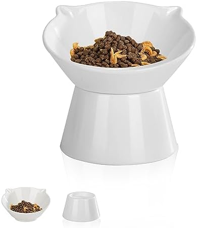 Detachable Elevated Cat Bowls, 15 Tilted Raised Food Bowl Anti-Vomiting, Whisker Friendly, Adjustable Cat Dishes for Protecting Spine, Adult & Kitten
